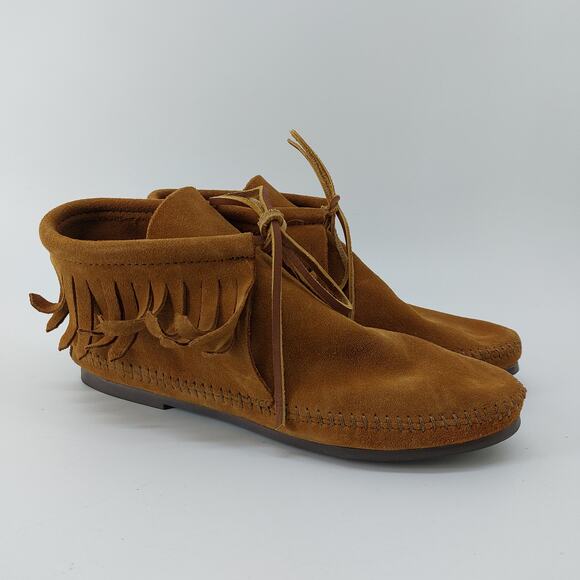 Minnetonka Moccasins Suede Booties Fringe Lace Up Sz 9.5 Boho Western - Picture 8 of 12